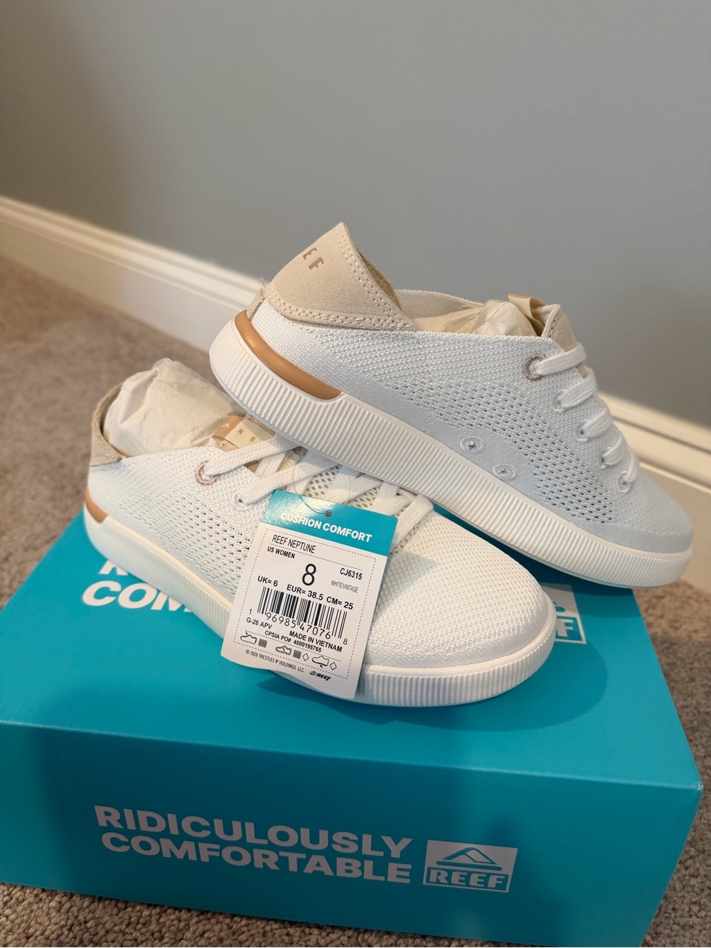 Reef Neptune White Knit Sneakers with Tan Accent